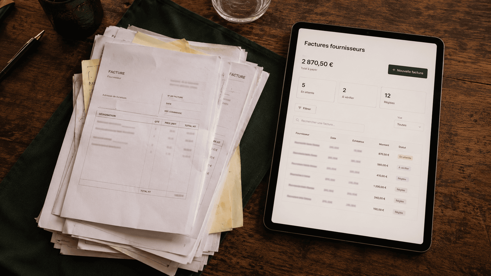 Factures papier versus tableau de bord RestoFacture sur tablette